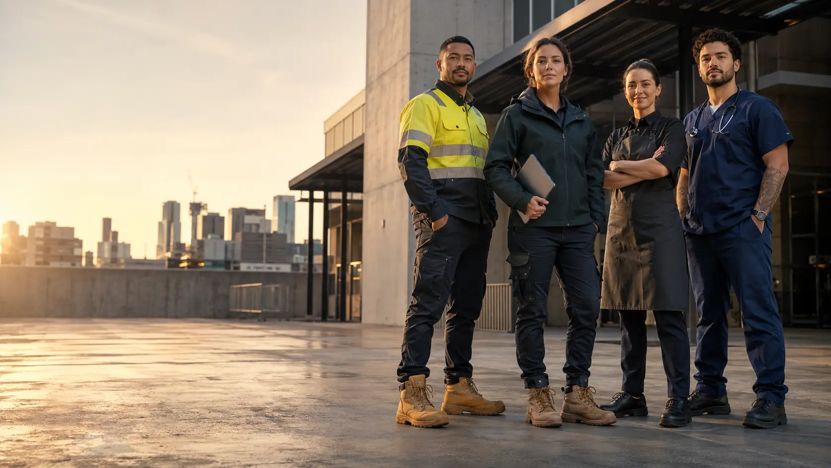 Australian workwear, corporate, hospitality and healthcare uniforms worn by a team outside a modern workplace